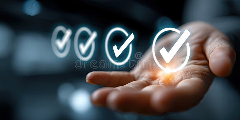 Hand palm digital screen checkmark icon technology interactive glowing futuristic royalty free illustration