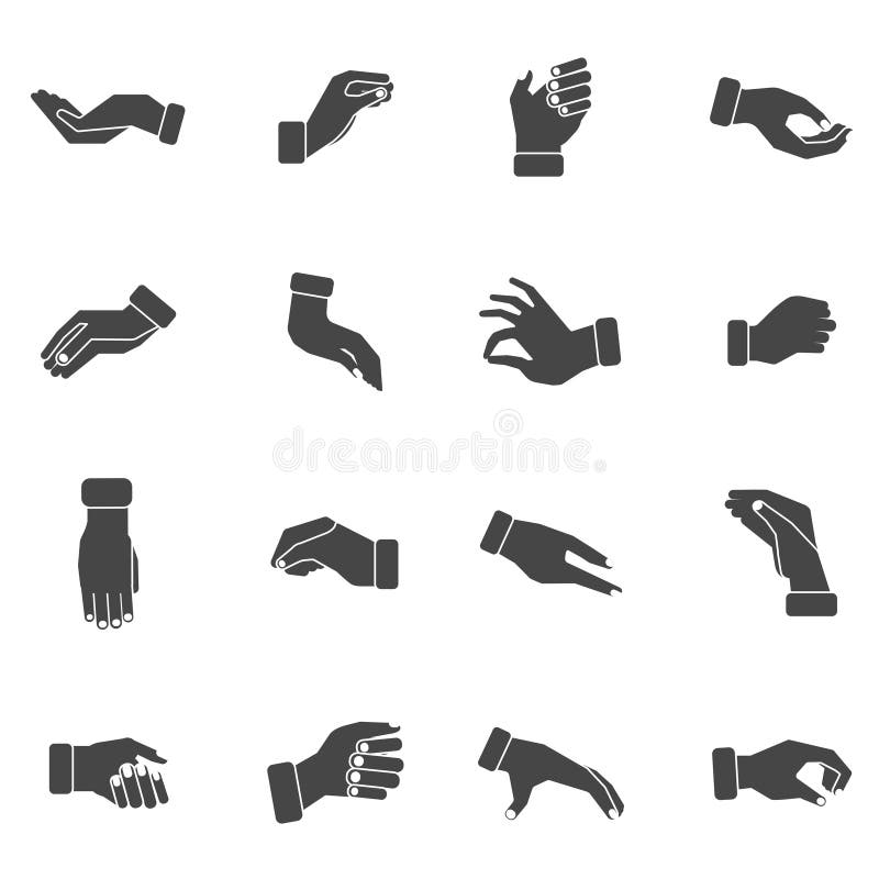 Hand palms gestures of grabbing taking and holding something black silhouettes icons collection abstract vector illustration. Hand palms gestures of grabbing taking and holding something black silhouettes icons collection abstract vector illustration