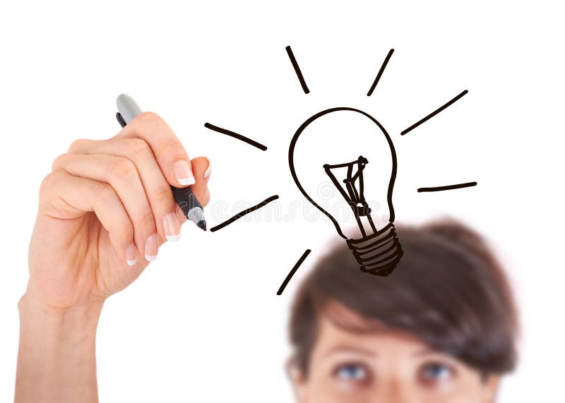Cartoon Business People Around a Table with Big Light Bulb Stock Photo