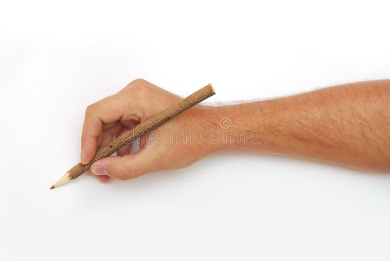 Hand with pencil over white background