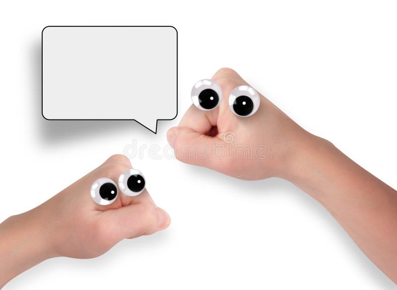 Two funny hand people are talking with a cartoon bubble for a quote to add. Use it for a conversation or friendship concept. Two funny hand people are talking with a cartoon bubble for a quote to add. Use it for a conversation or friendship concept.