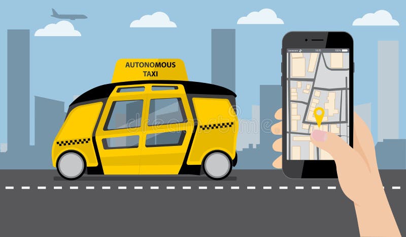 Hand with phone. On the device screen application for ordering a taxi. vector illustration