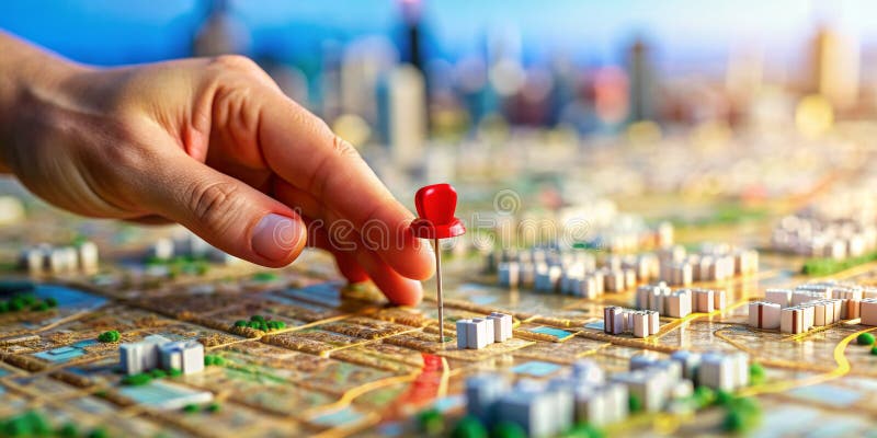Hand Pinning Red Pushpin on Model City, city planning, miniature, urban development, architecture stock illustration