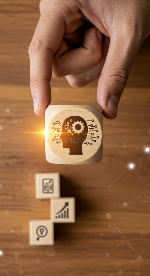 Hand Placing Ai Brain Cube, Digital Transformation and Analytics Concept royalty free illustration