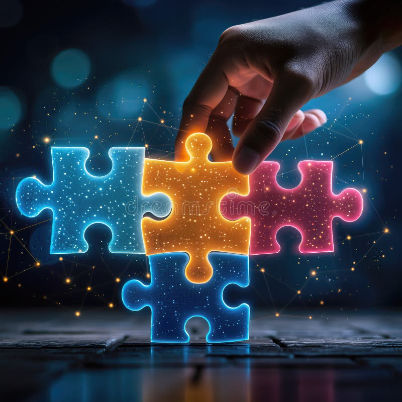 Hand placing colorful puzzle pieces in a creative task to form a complete picture during a night setting stock image
