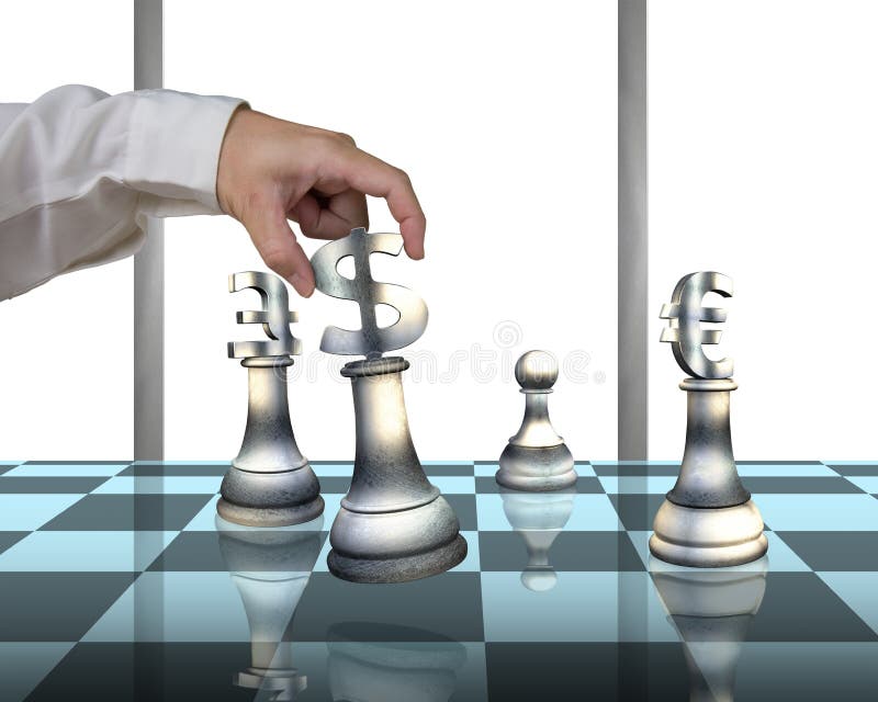 Hand playing chess with money symbol pieces on table royalty free illustration