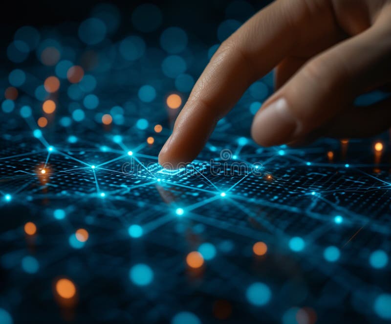 Hand Pointing at the Blue Screen with Graph, Dots and Lights Stock