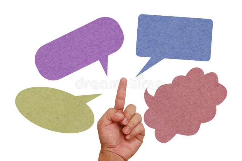 Hand pointing on color paper texture speech balloo