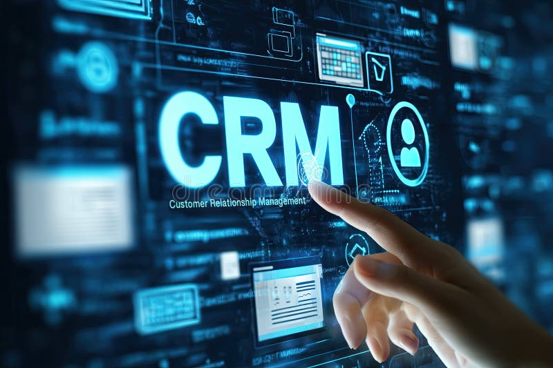 Hand pointing at CRM interface with human icon, representing customer relationship management royalty free stock photography