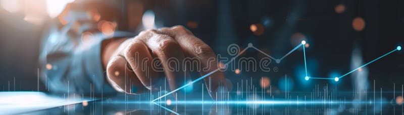 Hand pointing at a digital growth chart, representing business analysis, financial data, and technology innovation. Abstract royalty free illustration
