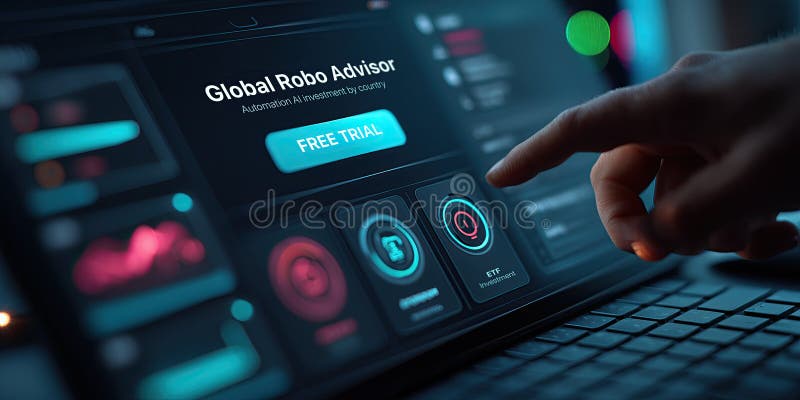 Hand is pointing at digital screen with interactive financial tools and Free Trial button stock illustration