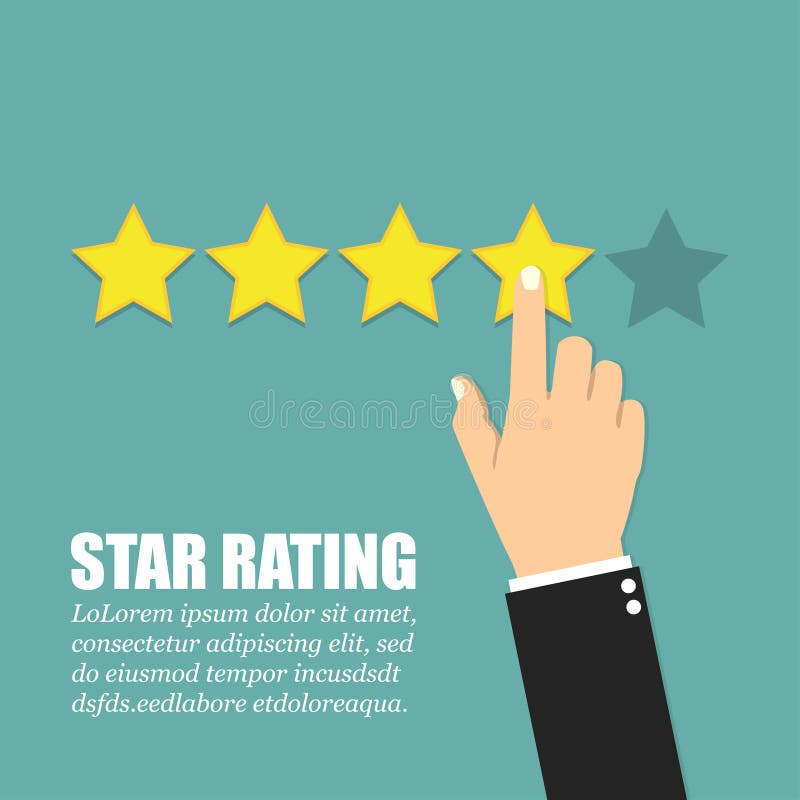 Hand Pointing at One of Five Stars. Rating, Evaluation, Success
