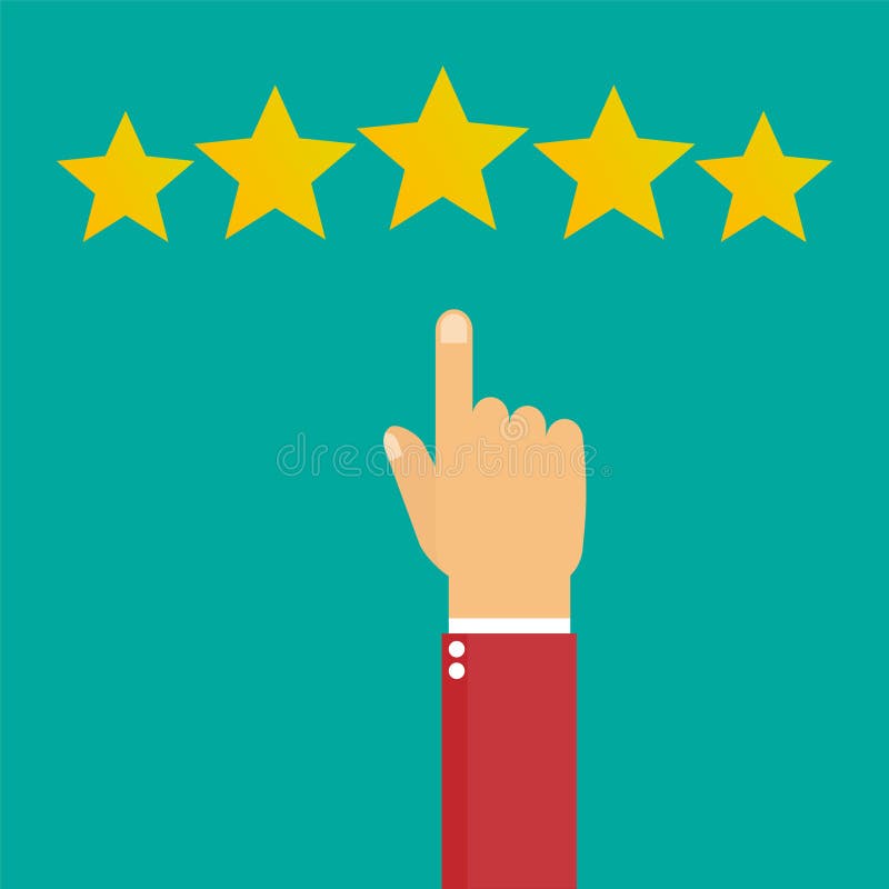 Hand with Pointing Finger Pointing To Rating Stars. Flat Design Stock