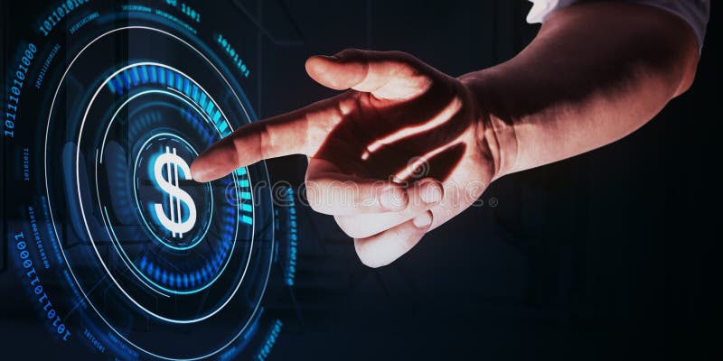 Hand pointing at futuristic digital dollar icon on glowing circular interface. Hand touching glowing digital dollar sign in futuristic interface. Dark background with neon blue circular elements. Concept of finance technology