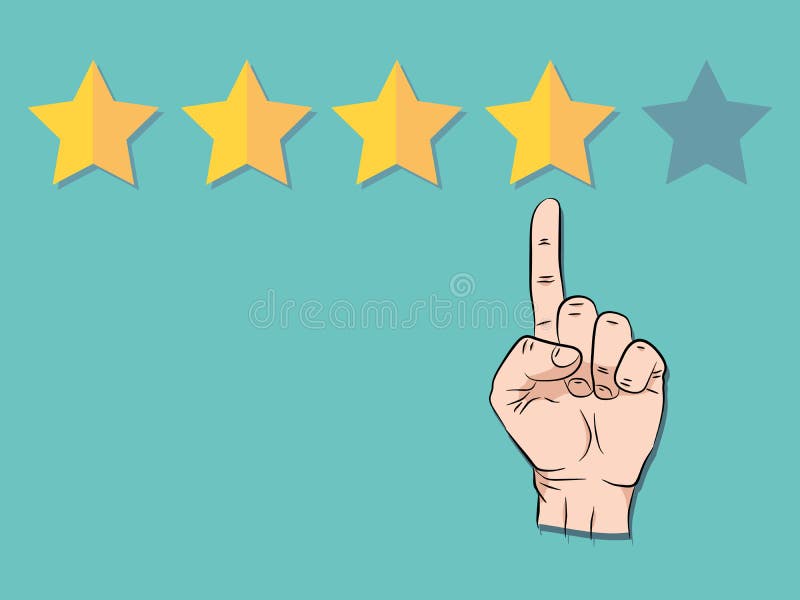 Hand pointing at one of five stars. Rating, evaluation, success, feedback, review, quality and management concept vector illustration Hand pointing at one of five stars. Rating, evaluation, success, feedback, review, quality and management concept vector illustration