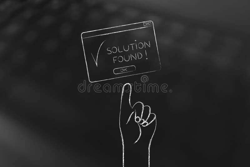 Hand pointing at Solution Found pop-up message royalty free illustration