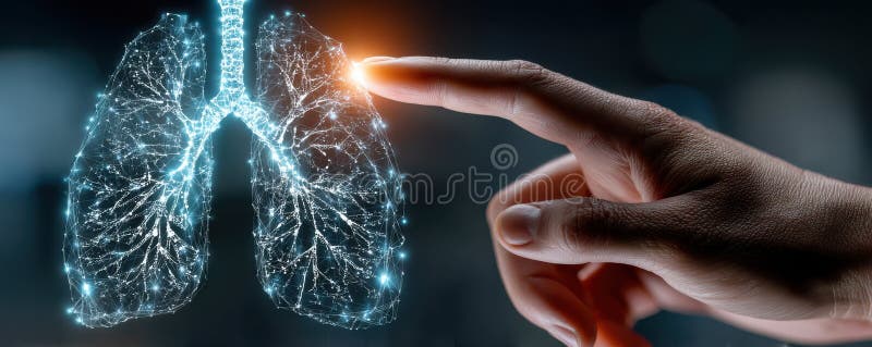 Illustration of a hand interacting with a holographic design of lungs, symbolizing innovation and healthcare technology. The glowing, intricate design showcases concepts like artificial intelligence, respiratory health, and the intricacies of human anatomy. The futuristic theme evokes progress in medical diagnosis and treatment innovation, emphasizing the critical interplay of technology and biology. Artificial intelligence lungs stock images, royalty-free photos and pictures
