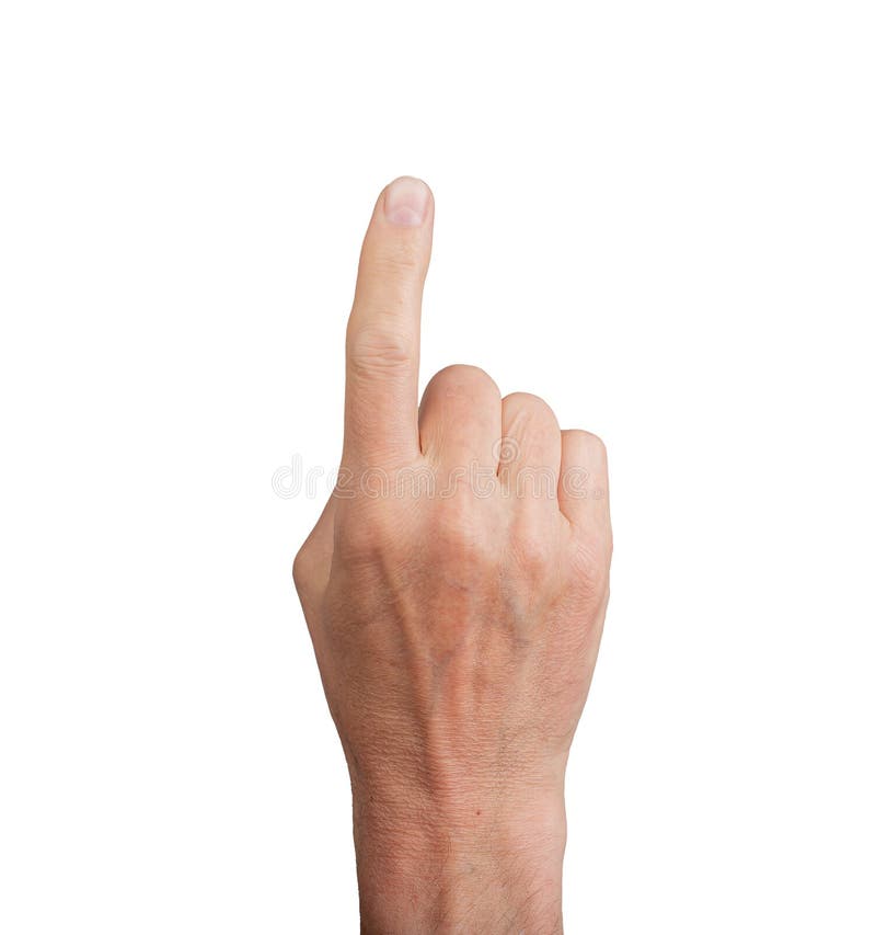 Hand pointing up with index finger, on white. Gesture indicating touch or selection, ideal royalty free stock image.