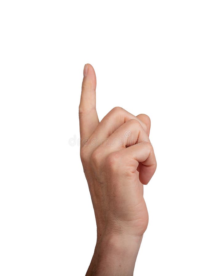 Hand pointing up with index finger, on white. Gesture indicating touch or selection, ideal royalty free stock photography.