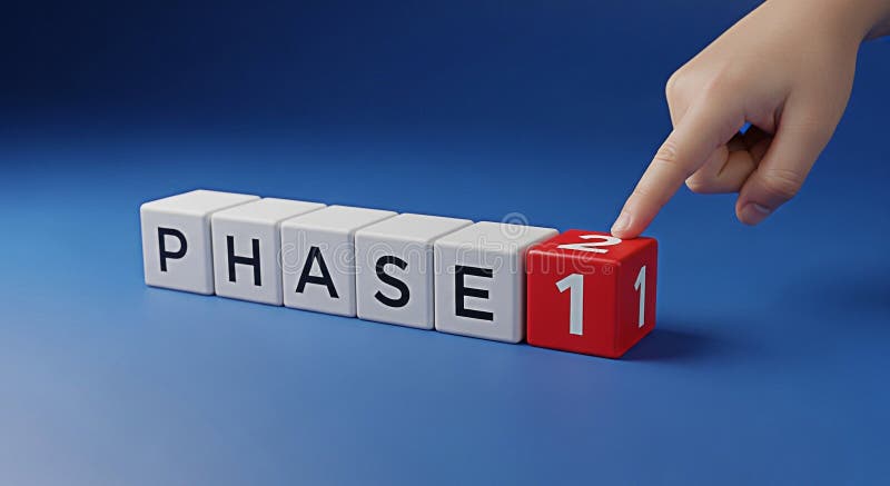 Hand pointing to phase 1 on blocks against a blue background representing project milestones and progress vector illustration