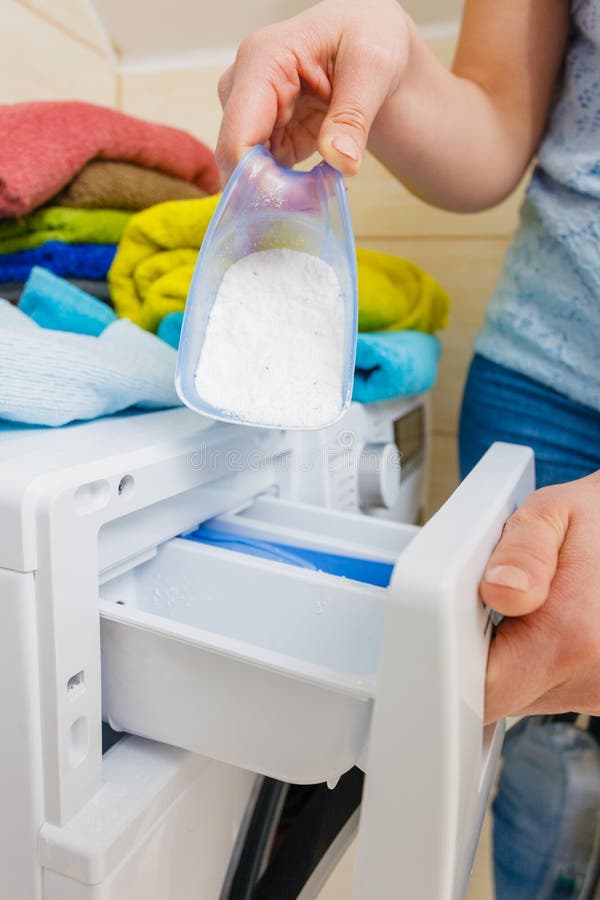 Hand Pour Washing Powder into Machine Stock Photo Image of preparing, drawer 164039702