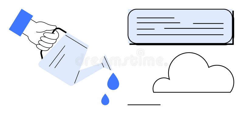 Hand watering cloud with droplets beside a cloud and rectangular text symbol vector illustration
