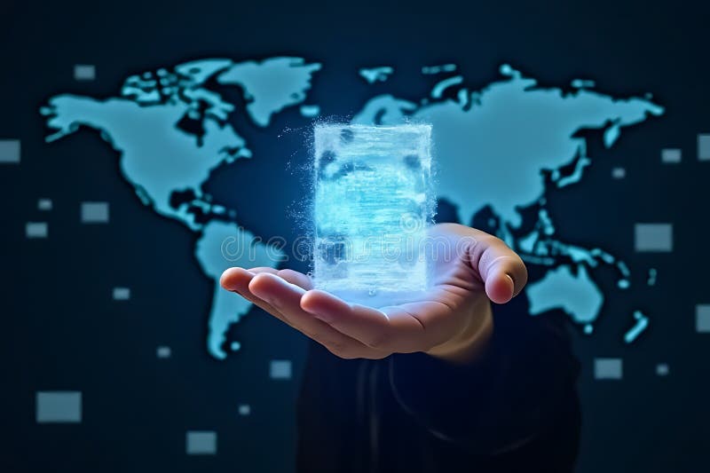 A hand presents a digital document, glowing against a world map interface backdrop vector illustration