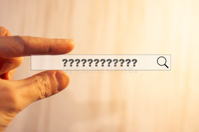 The hand presses on the hologram with question marks. The concept of finding answers and solutions. Tasks and questions royalty free stock images