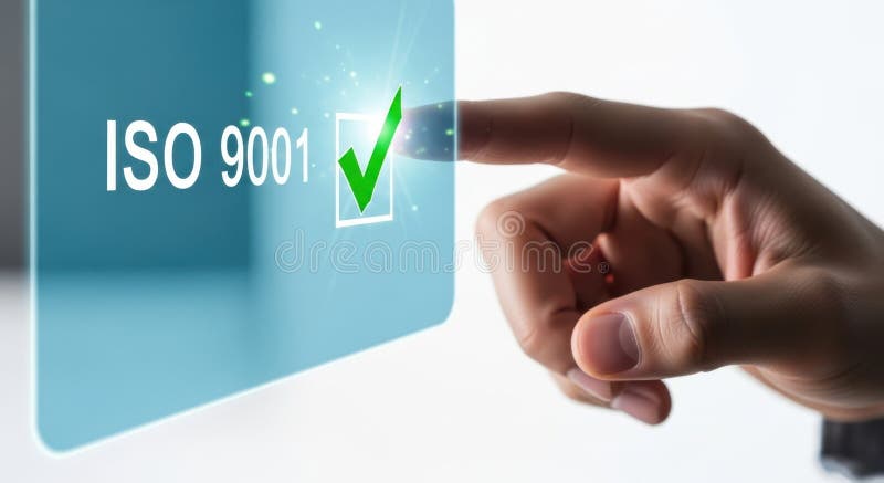 Hand presses iso 9001 certification button on digital interface achieving quality standards success vector illustration