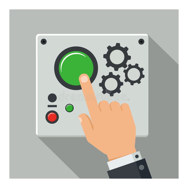 Hand pressing green button on industrial control panel with gears vector illustration square design royalty free illustration