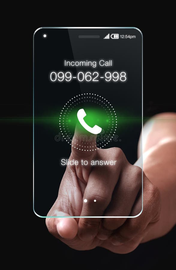 Hand pressing Incoming call icon on smartphone stock image Hand pressing Incoming call icon on smartphone stock image