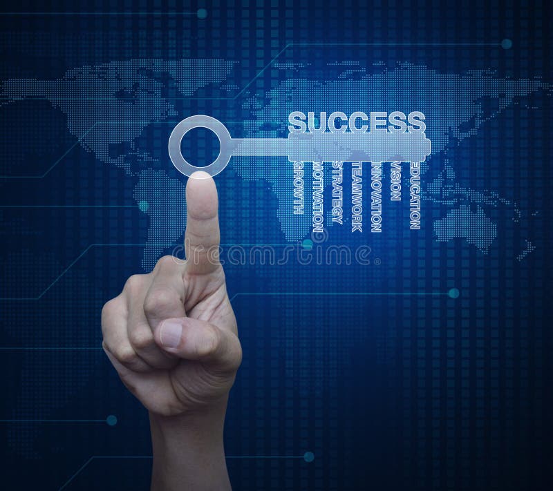 Hand pressing key with business words over digital world map tec. Hnology style, Success business concept, Elements of this image furnished by NASA stock images Hand pressing key with business words over digital world map tec. Hnology style, Success business concept, Elements of this image furnished by NASA stock images