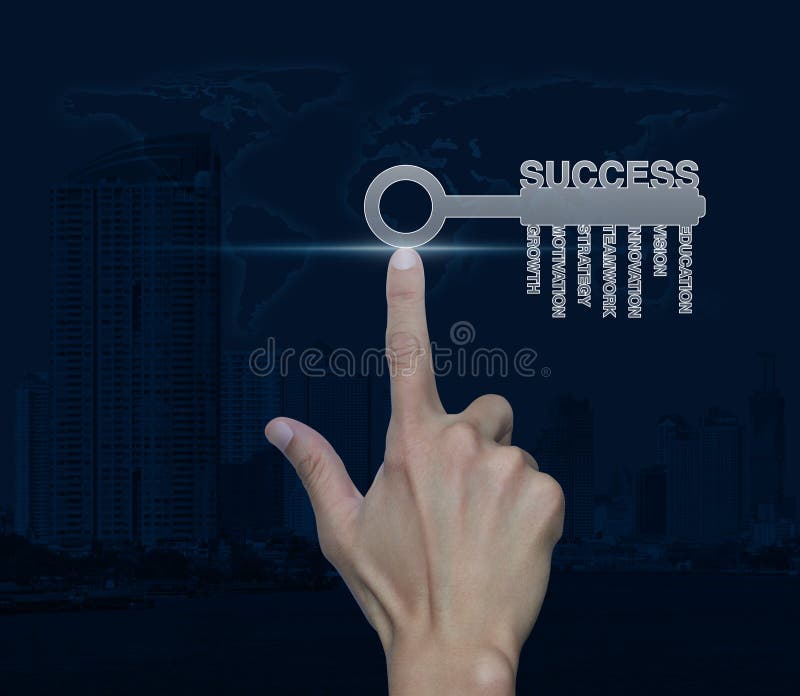Hand pressing key with business words over map and city tower, S. Uccess business concept, Elements of this image furnished by NASA stock images Hand pressing key with business words over map and city tower, S. Uccess business concept, Elements of this image furnished by NASA stock images