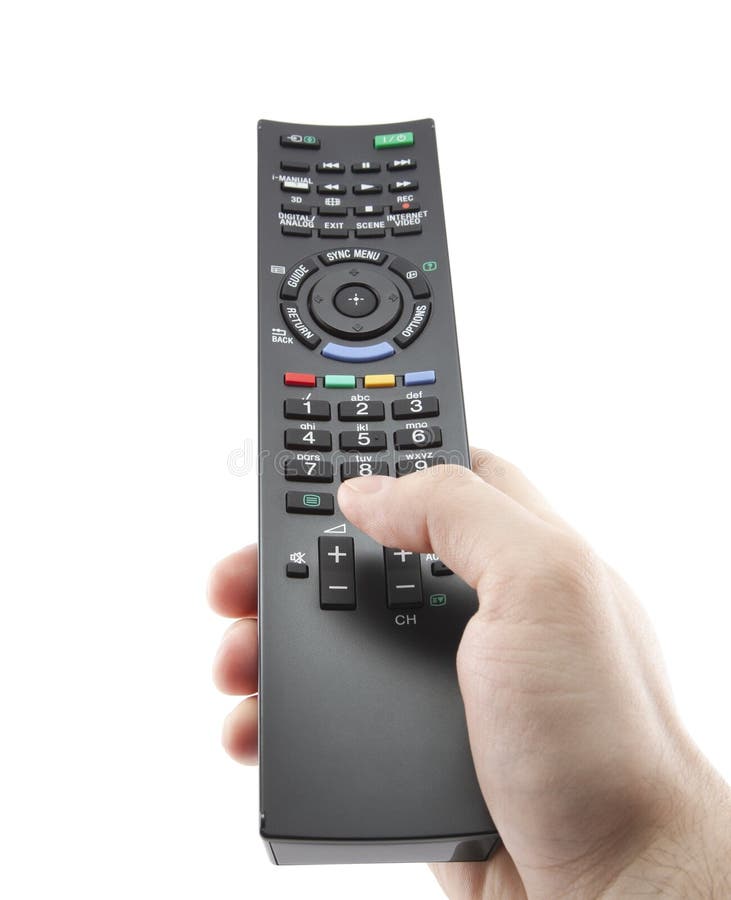 Hand pressing remote control stock image