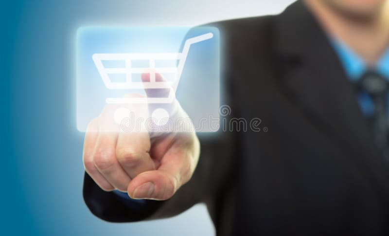 Hand pressing shopping cart icon stock photo Hand pressing shopping cart icon stock photo