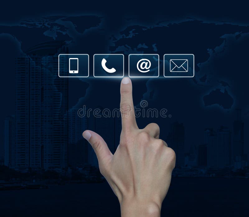 Hand pressing telephone, mobile phone, at and email buttons over map and city tower, Customer support concept, Elements of this image furnished by NASA