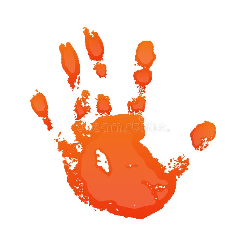 Hand print 3D isolated white background. Orange paint human hands. Silhouette of child, kid, young people handprint. Stamp fingers and palm shape. Abstract design. Grunge texture Vector illustration