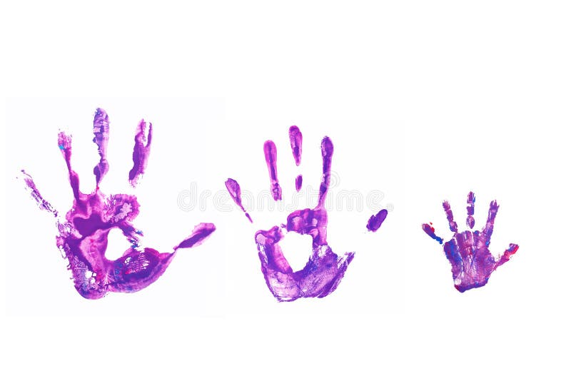 Purple hand prints of his father, mother and child. Happy family concept. Isolated on white background.