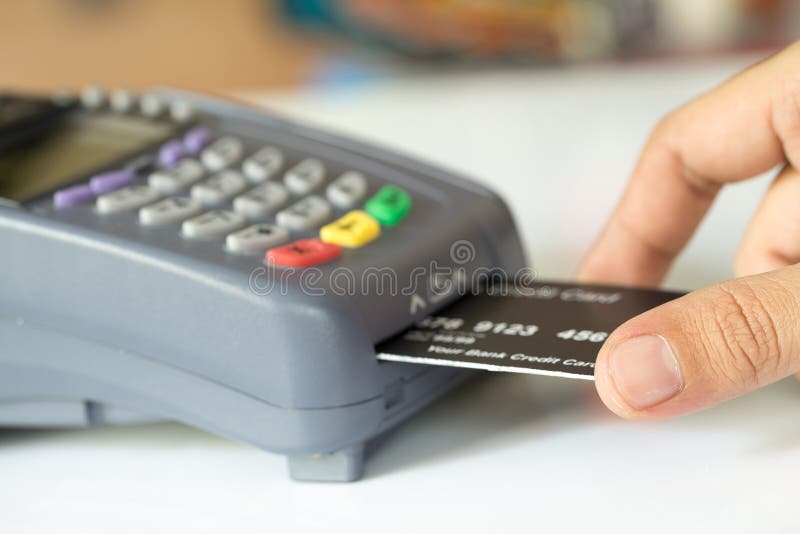 Hand Push Credit Card into a Credit Card Machine Stock Photo Image of