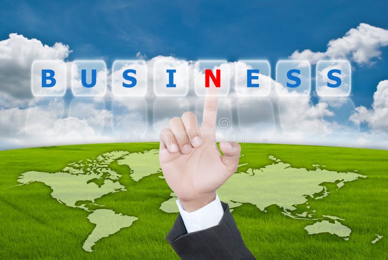 Hand pushing Business word in the nature. stock image