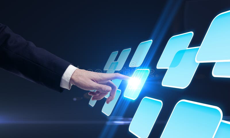 Hand pushing a button on a touch screen interface stock photo