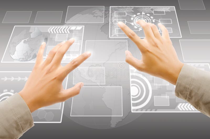 Hand pushing digital button on touch screen interf royalty free stock photos