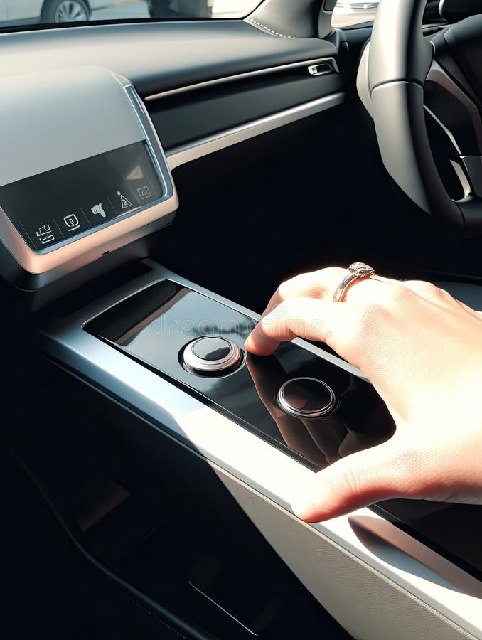 Hand Pushing on a Smart Start Button on Car Control Engine Ignition for