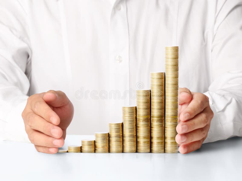 Hand put coin to money stock illustration. Illustration of pile 32277523