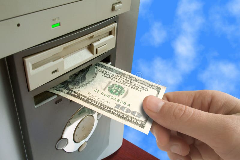 Hand put money to computer