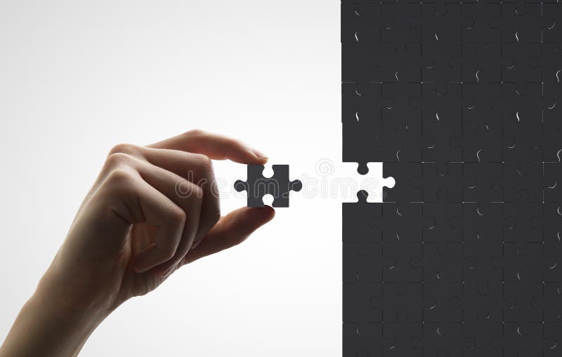Hand puts puzzle on white. Diagram marketing research concept stock images, royalty-free photos and pictures