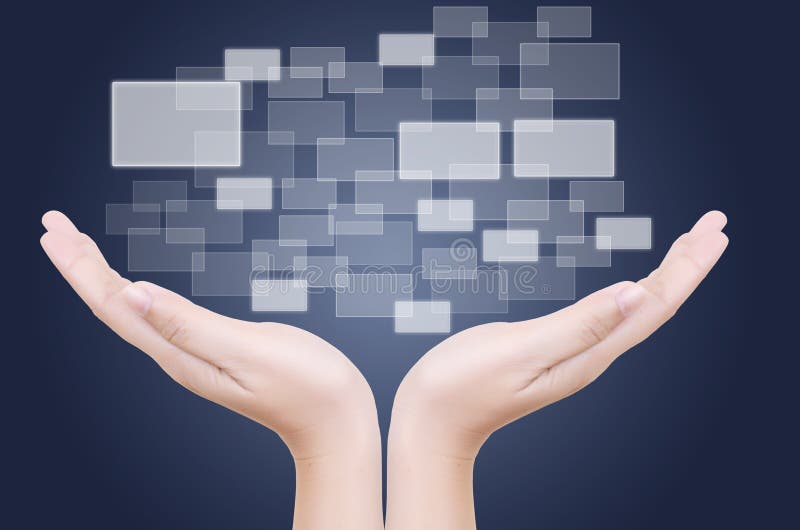 Hand putting button. stock photo