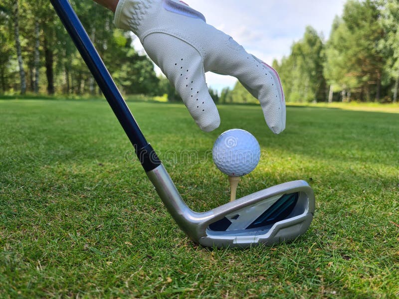 Hand Putting Golf Ball on Tee with Club in Golf Course Stock Photo