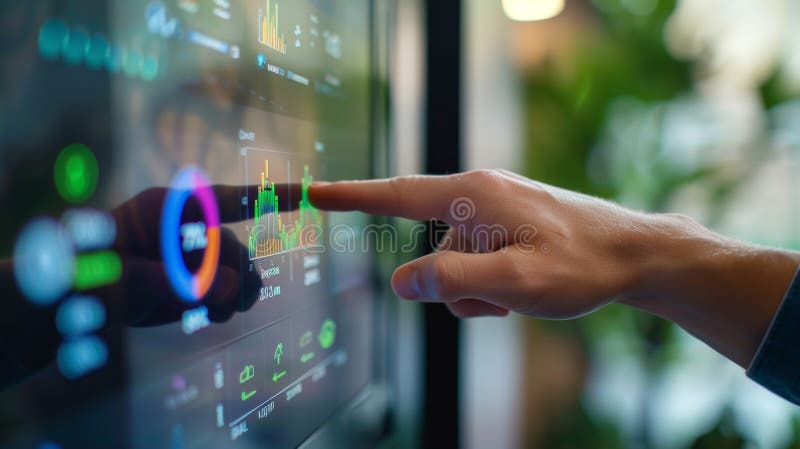 A hand reaches in to swipe a sleek touchscreen interface on a home energy storage unit showing a graph of energy stock illustration