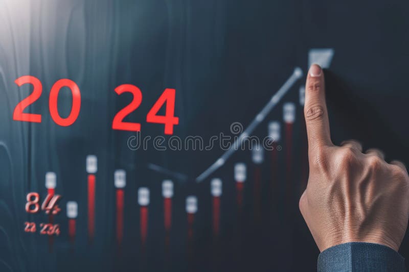 A hand reaches toward a digital display showing a growth chart, with clear indicators of progress from 2020 to 2024 stock photography
